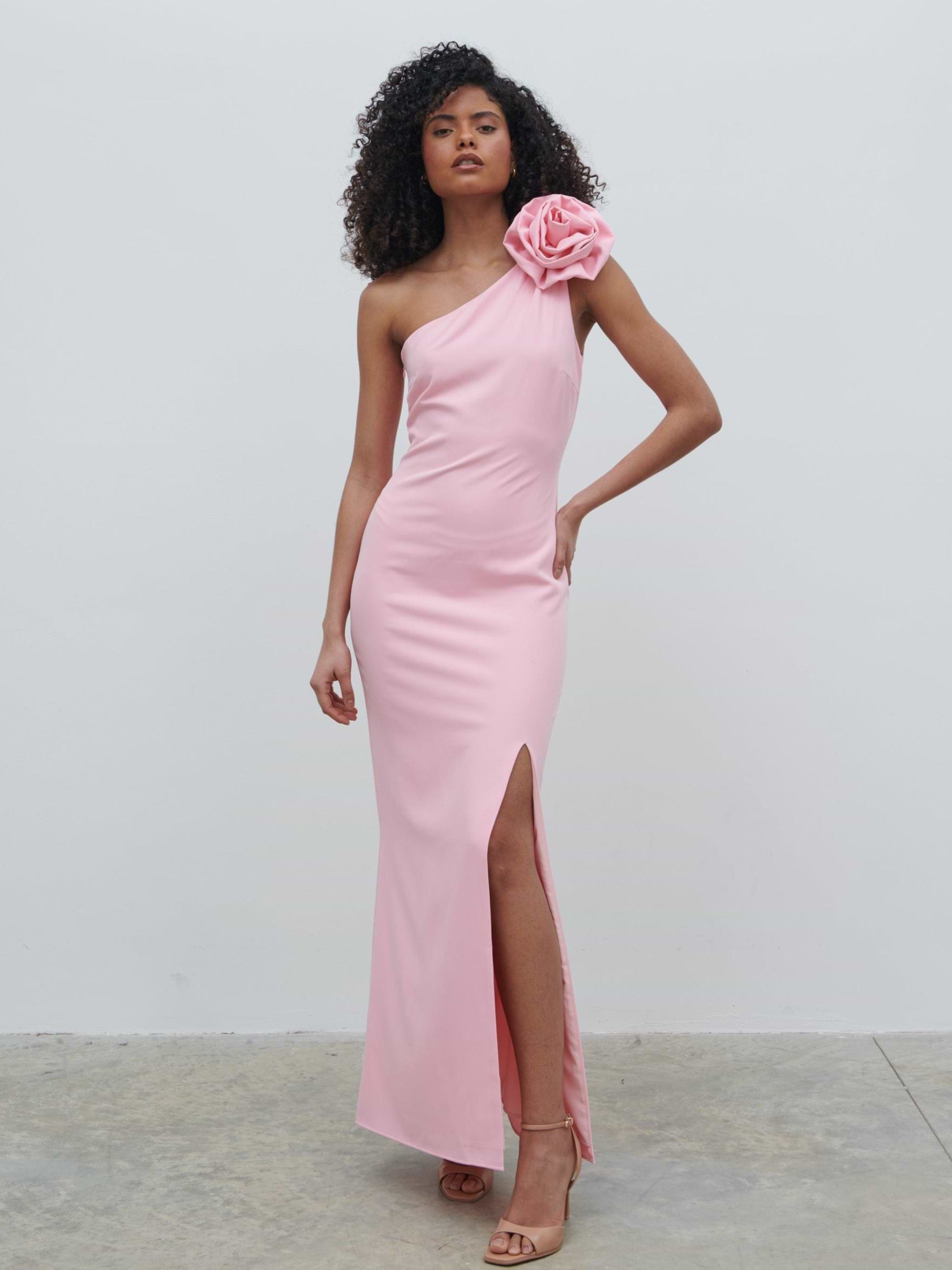 Samaya One Shoulder Detachable Corsage Maxi Dress - Posie Pink