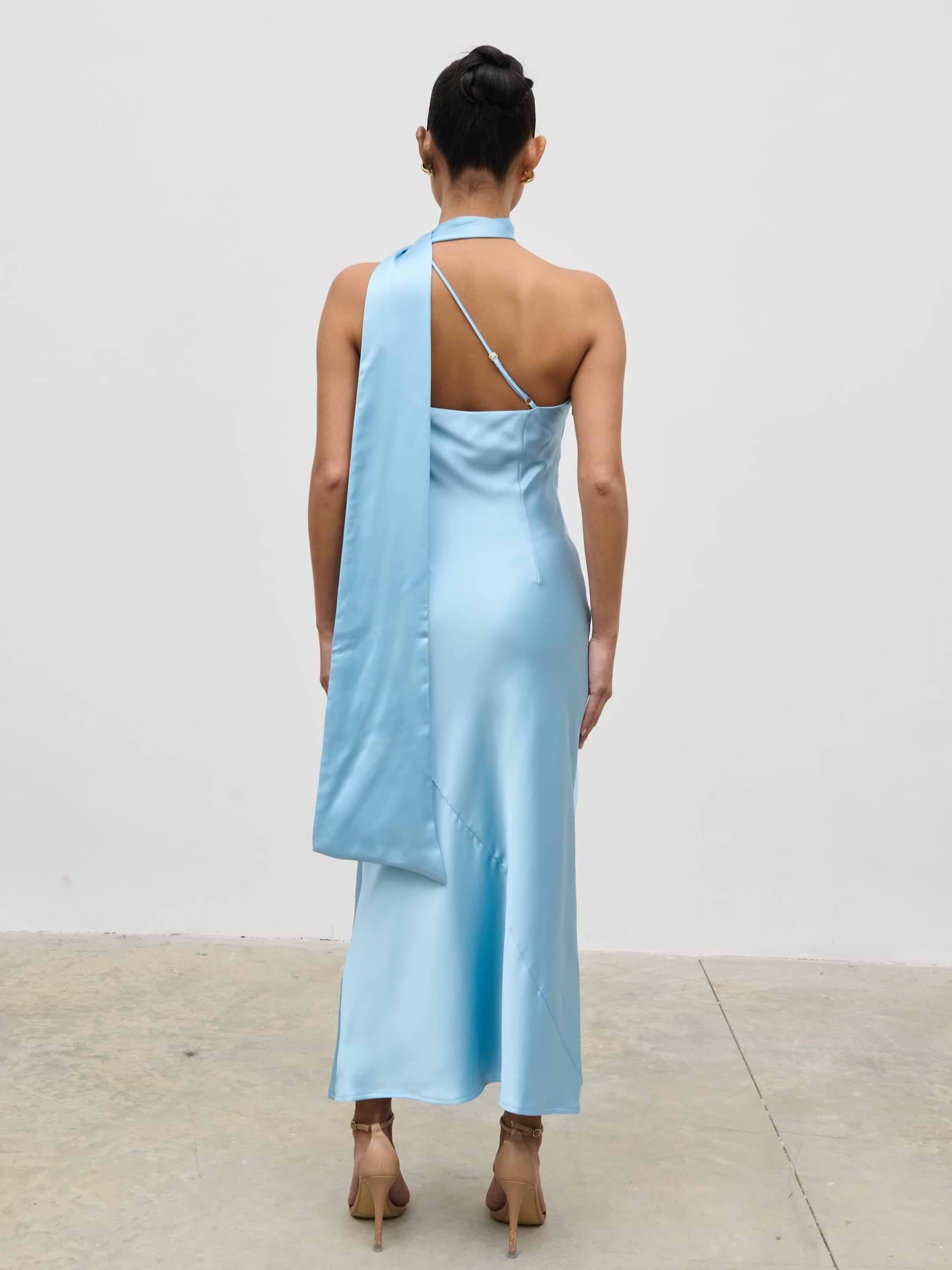 Sheree One Shoulder Scarf Midaxi Dress - Sky Blue