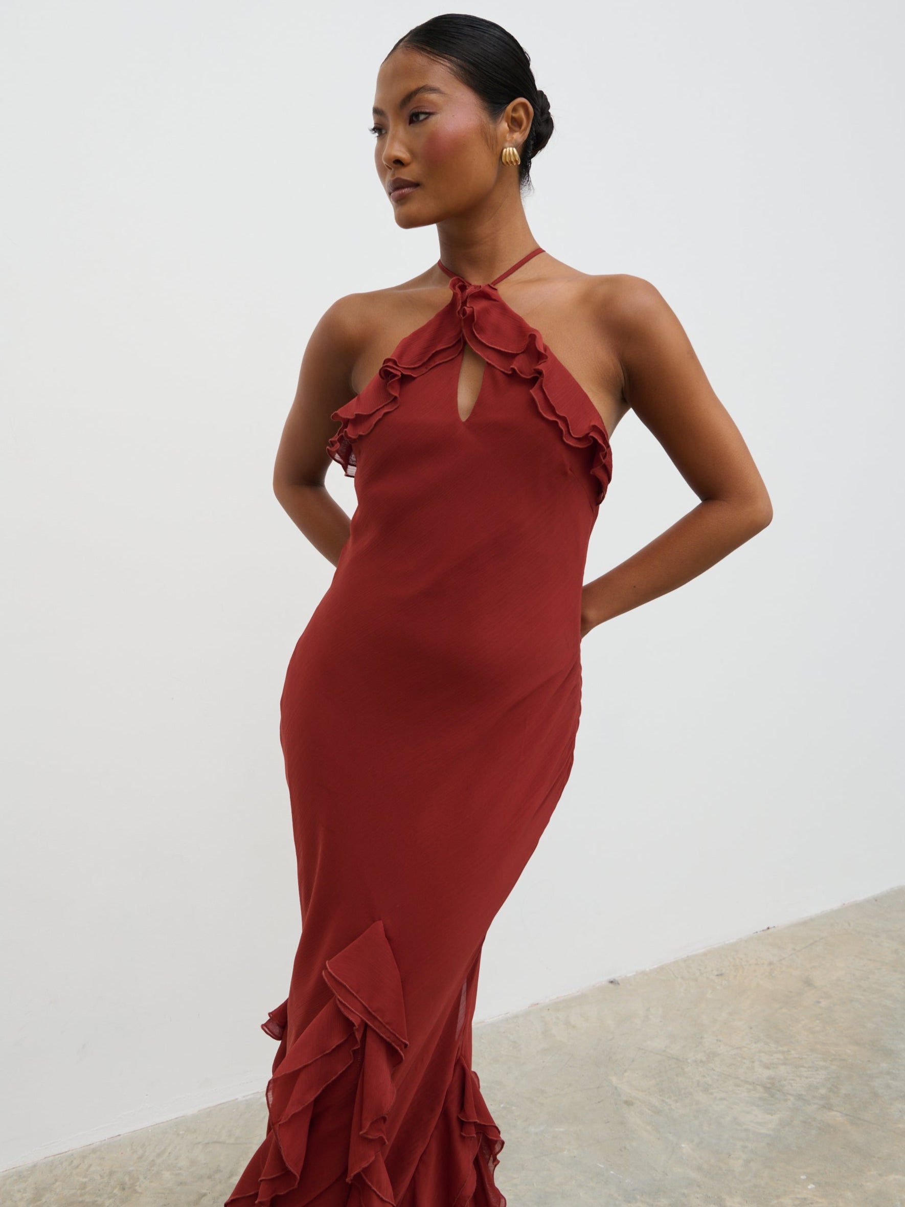 Sofia Halter Neck Ruffle Maxi Dress - Rust