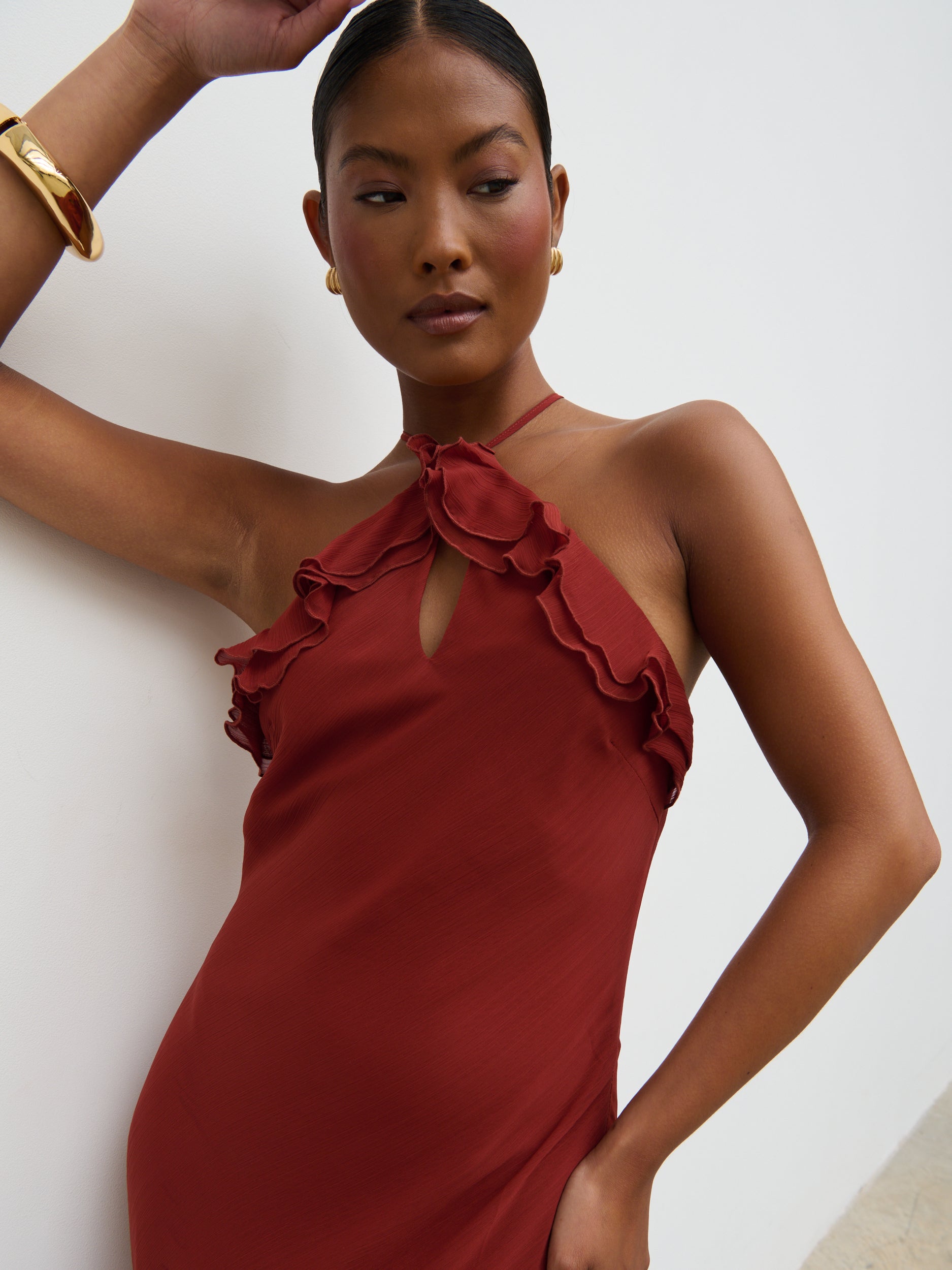 Sofia Halter Neck Ruffle Maxi Dress - Rust