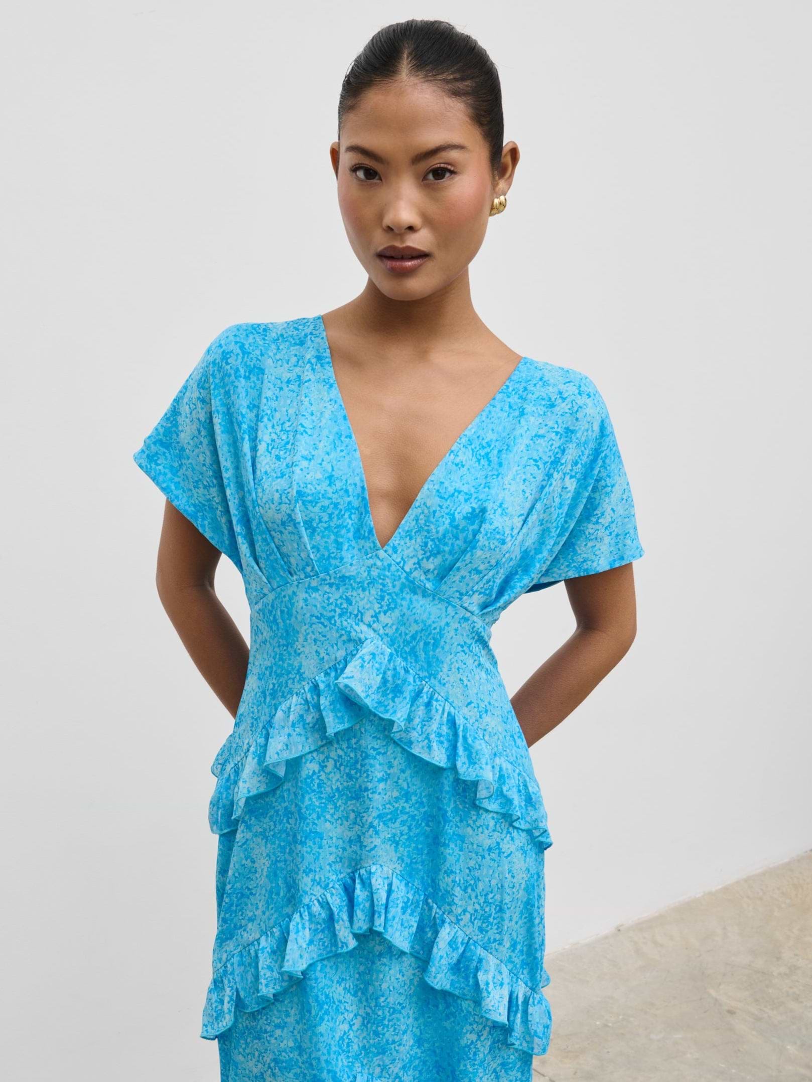 Tamsin Ruffle Chiffon Dress - Blue Multi Abstract Print