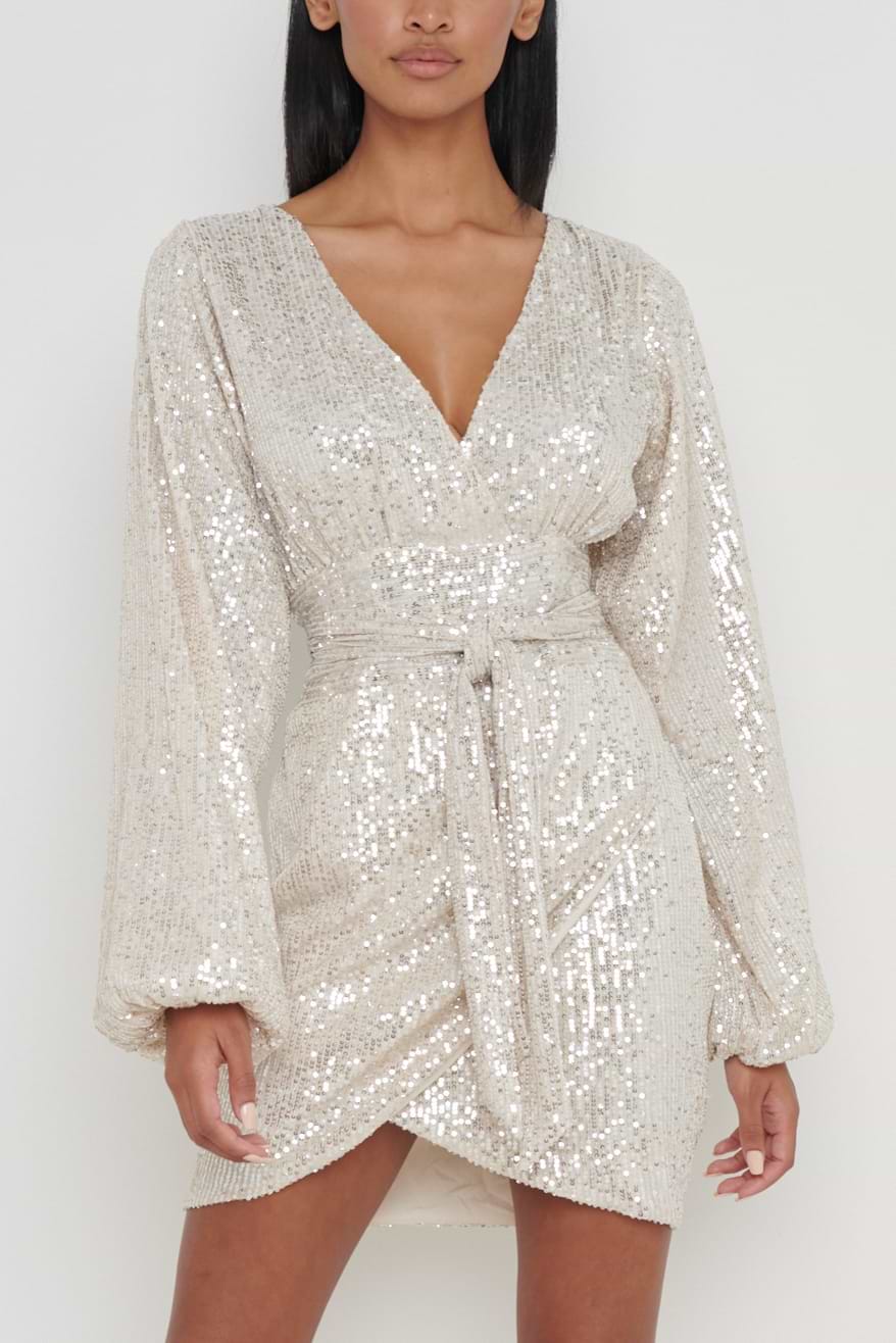 Tori Balloon Sleeve Sequin Dress - Silver